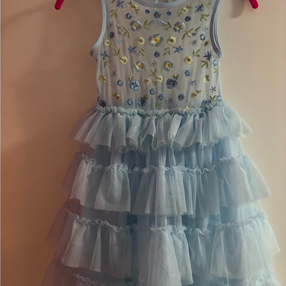 Floral Embroidered Blue Ruffle Dress